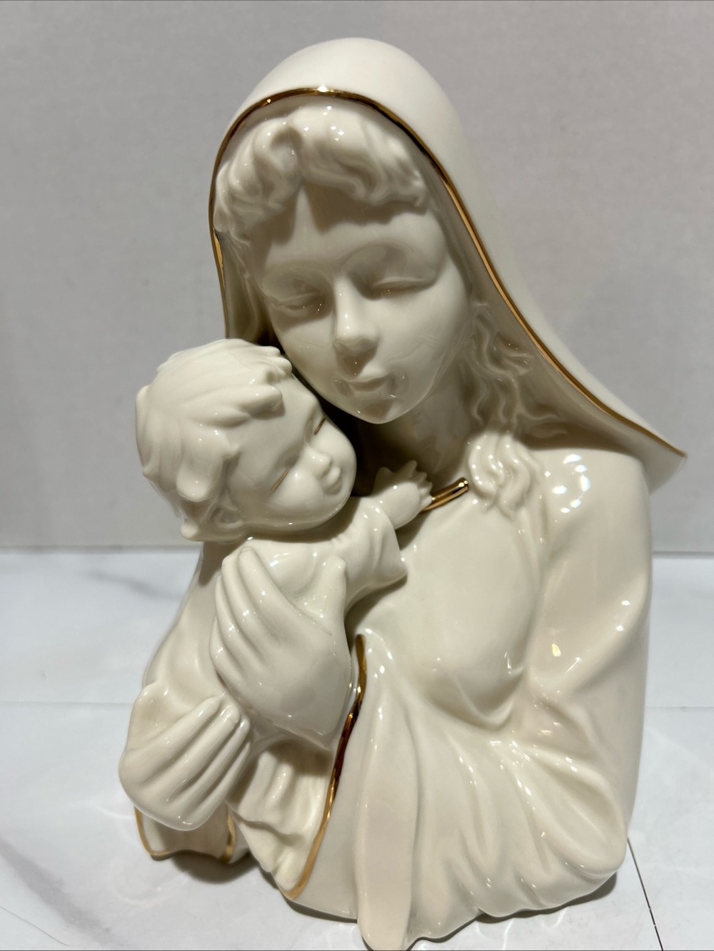 Religious Bone China Vtg Madonna and Child Figurine - Ivory with Gold Trim